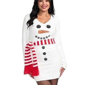 Festive Snowman Sequin Mini Dress with Red Scarf Tipsy Elves